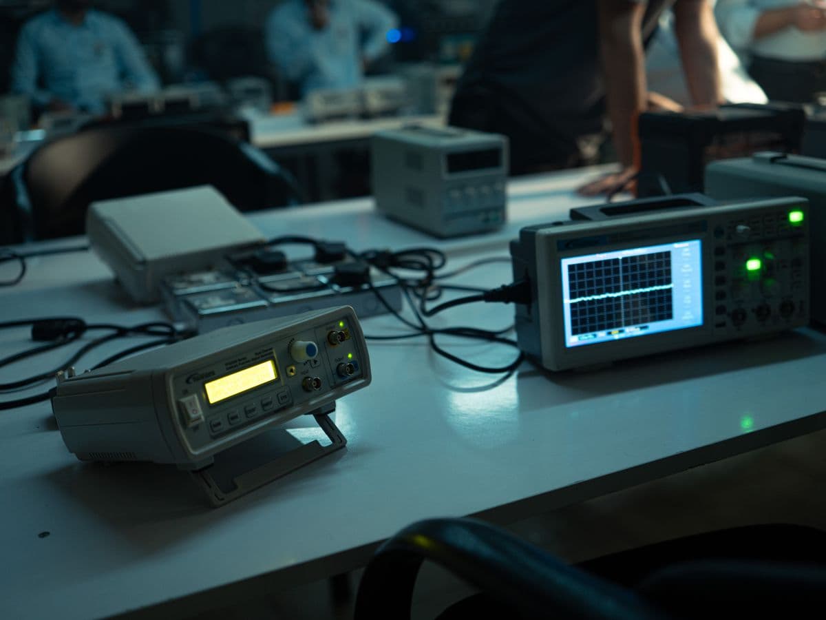 Bench-mounted oscilloscopes used for electronics diagnostics