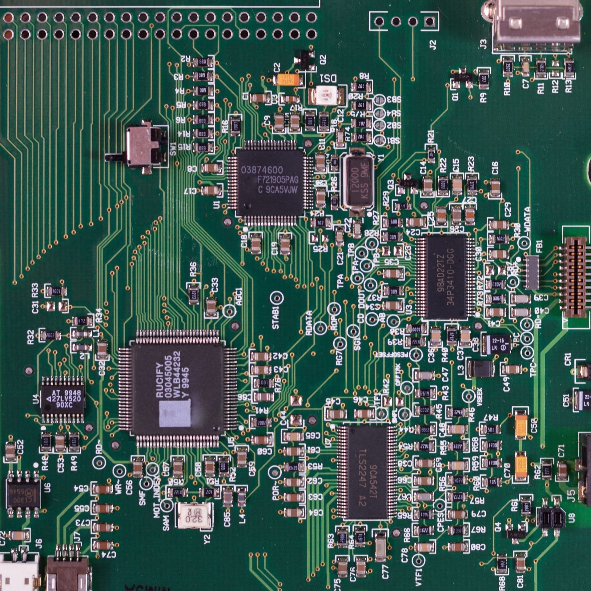 Macro detail of a populated printed circuit board